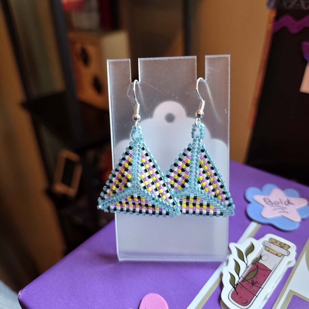 Hand Beaded Vibrant Multicolor Beaded Triangle Earrings